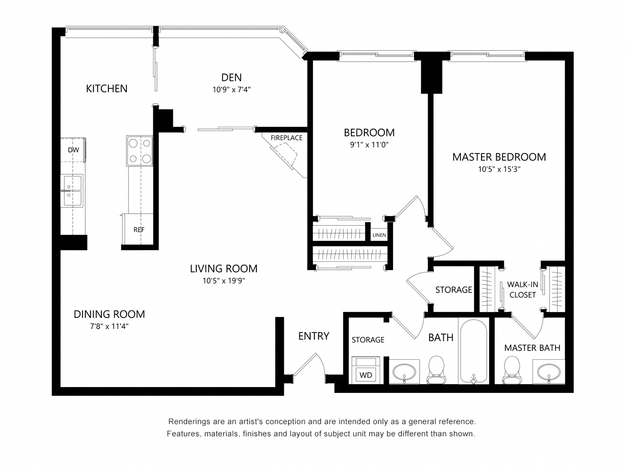 Floor plan for 2 beds, 1.5 baths, 850 sqft